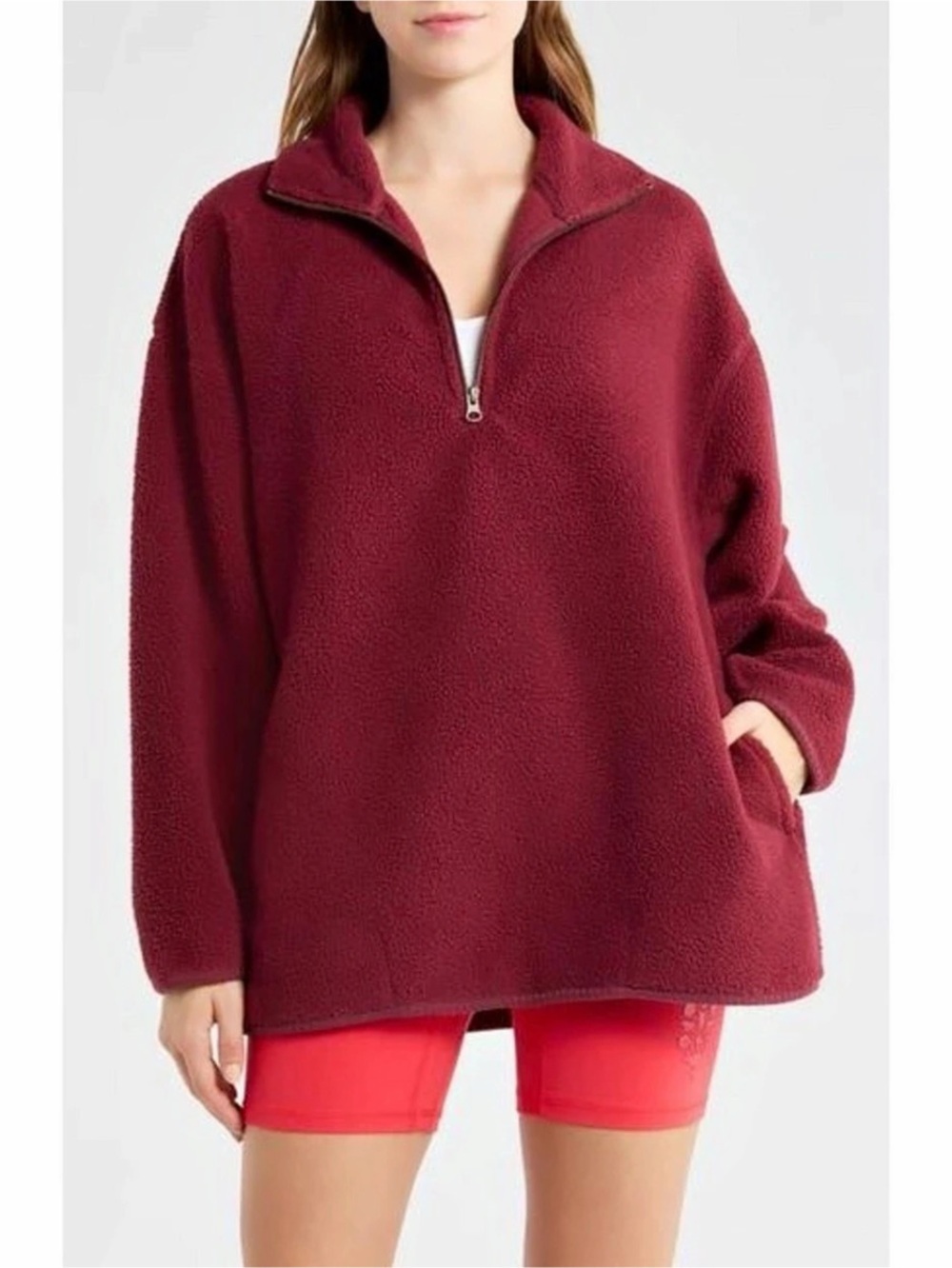 NWT Free People Coco Faux Sherpa Pullover in Maroon Red